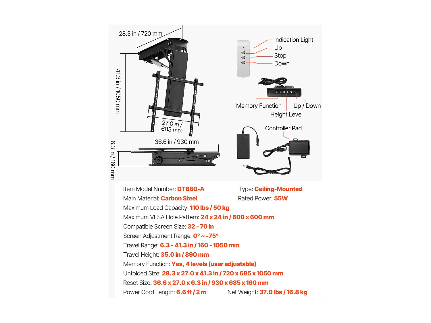 Support TV Murale SucceBuy Support TV de Plafond Motorisé - Rabattable Électriquement pour Écrans de 81 à 178 cm