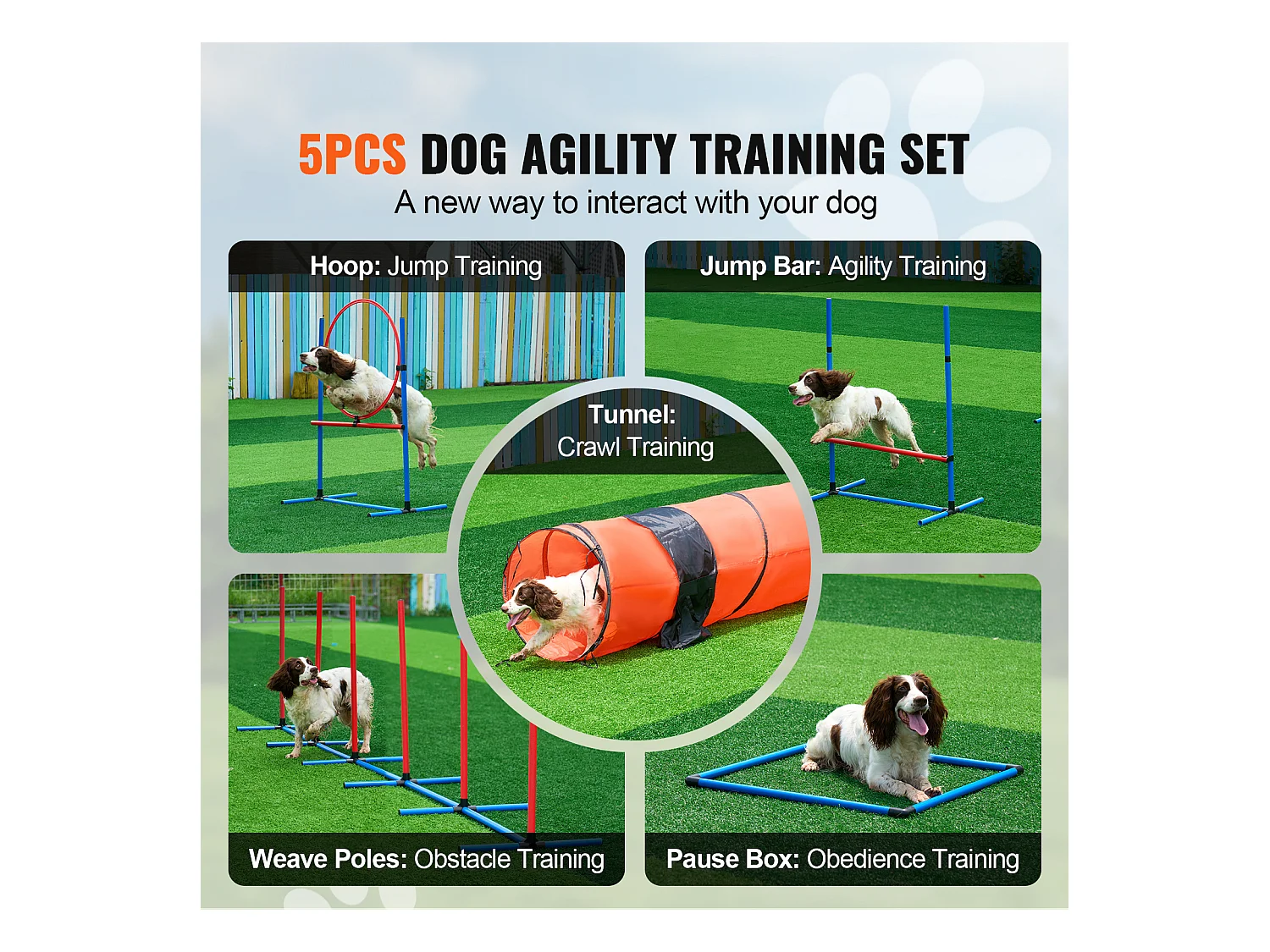 Kit d’Agilité, SucceBuy Équipement d’Entraînement d’Agilité pour Chien 5 Pièces avec Tunnel Étendu pour Obstacles