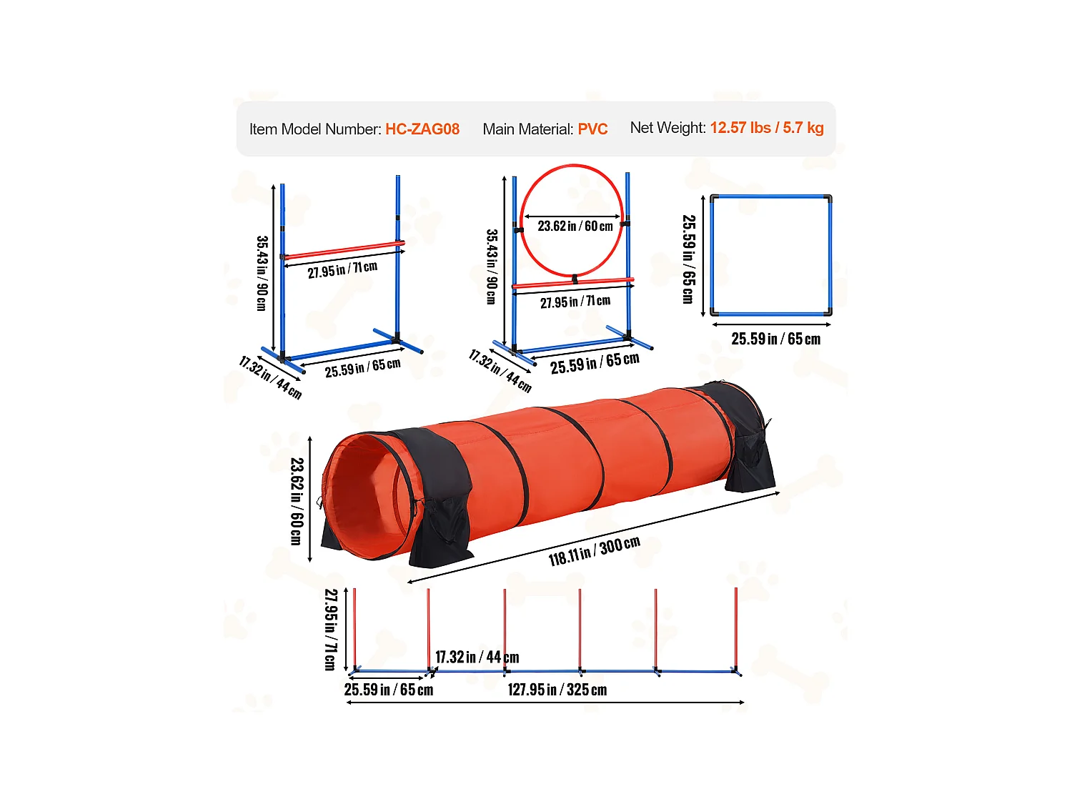 Kit d’Agilité, SucceBuy Équipement d’Entraînement d’Agilité pour Chien 5 Pièces avec Tunnel Étendu pour Obstacles