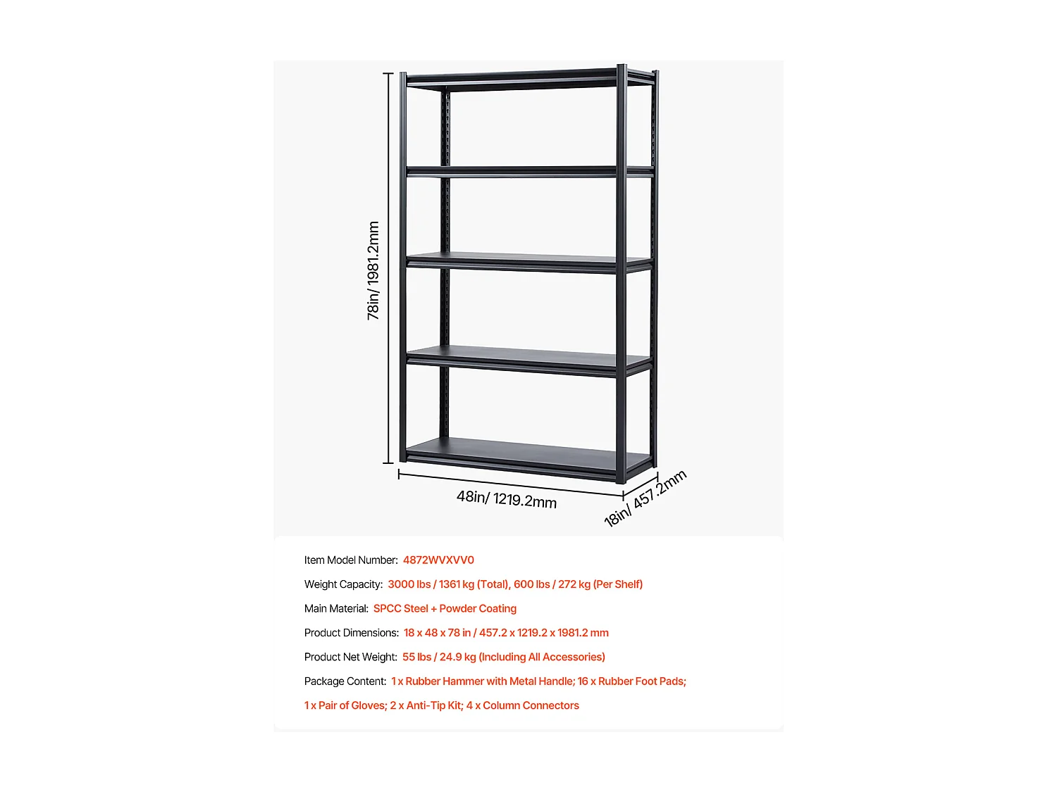 Étagère Métallique Garage SucceBuy Étagère de Rangement pour Garage à 5 Niveaux 46 cm P x 122 cm L x 198 cm H