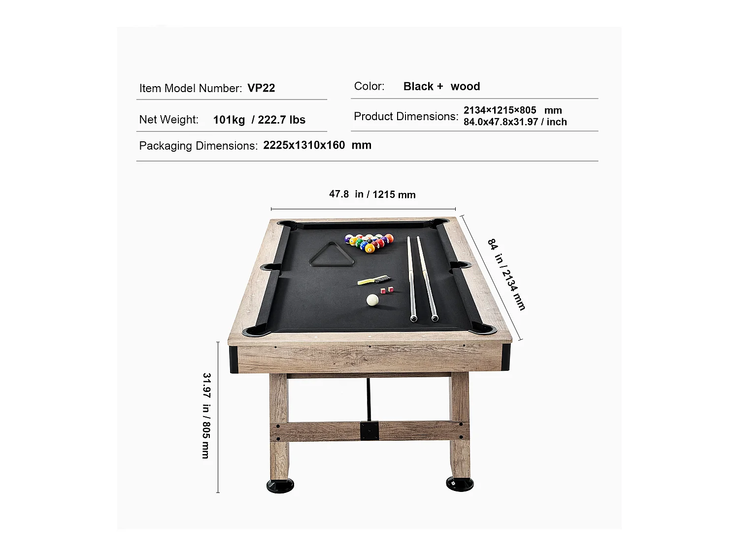 Table de Billard de 213 cm, Table Transformable - Ensemble de Table de Billard, Tissu Noir, pour Salle de Jeux