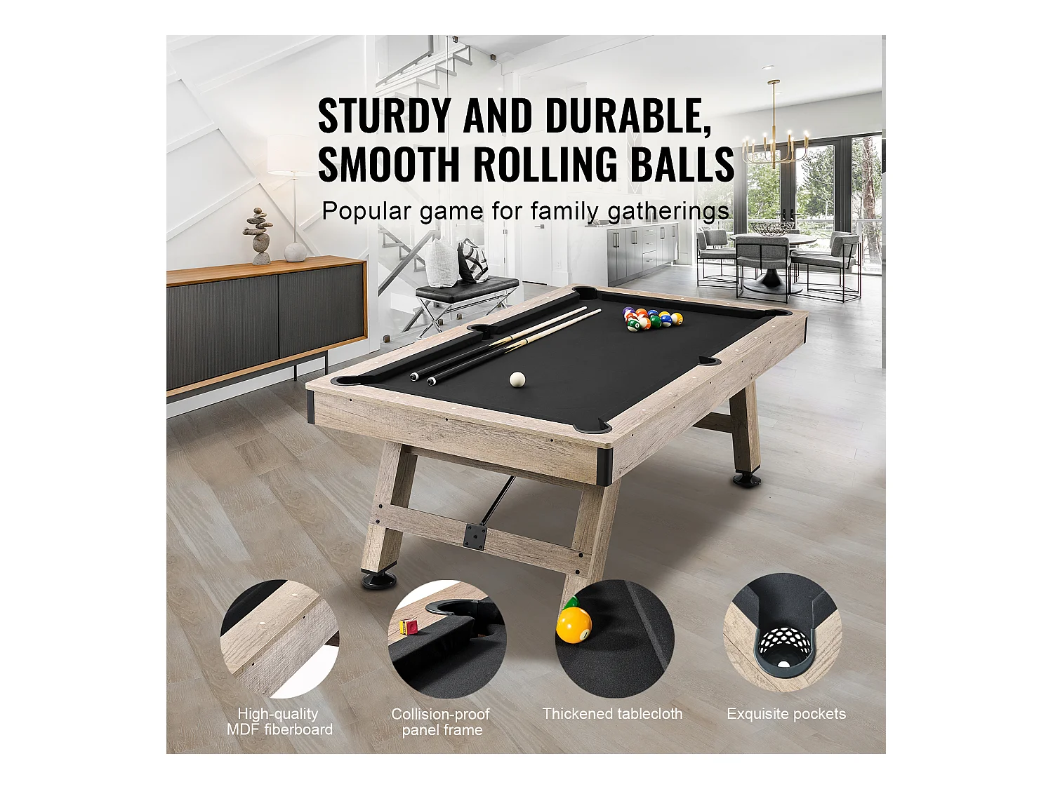Table de Billard de 213 cm, Table Transformable - Ensemble de Table de Billard, Tissu Noir, pour Salle de Jeux