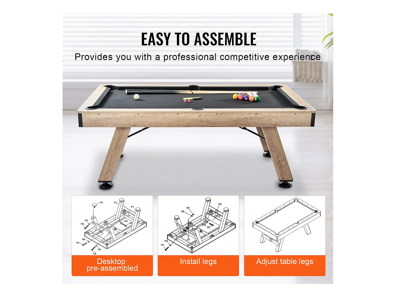 Table de Billard de 213 cm, Table Transformable - Ensemble de Table de Billard, Tissu Noir, pour Salle de Jeux