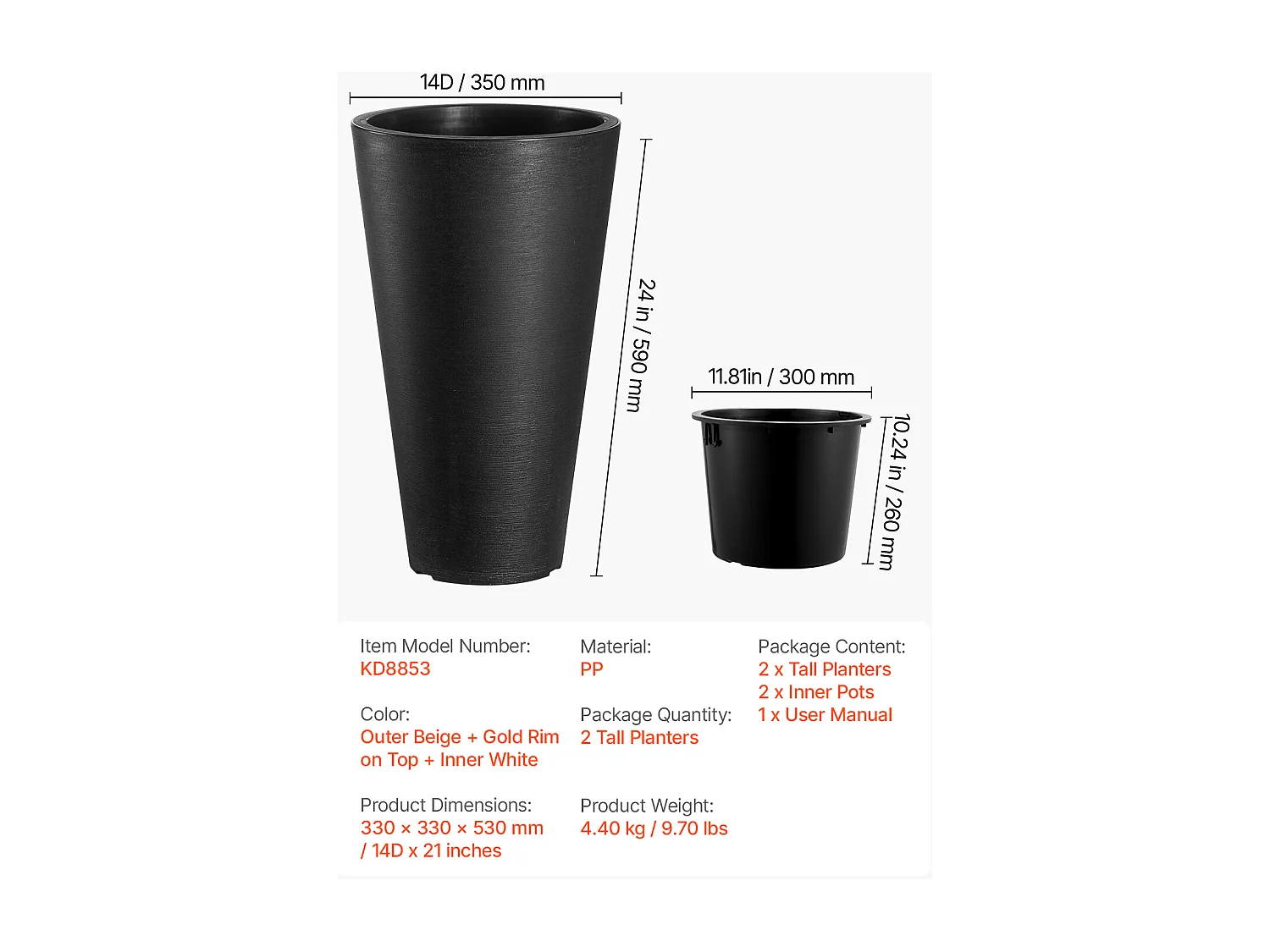 Macetas SucceBuy, Juego de 2, Redondas y Cónicas de 61 cm, para Uso en Exteriores e Interiores