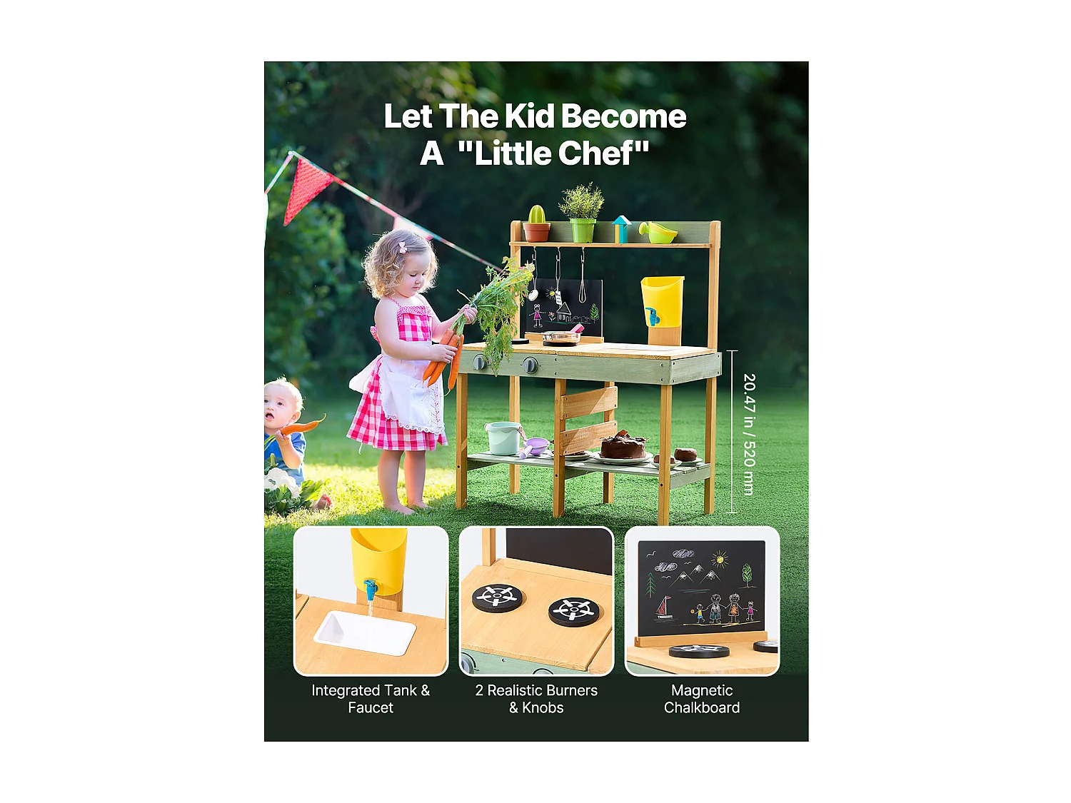 Cuisine pour Enfants, SucceBuy Cuisine en Bois, Ensemble de Jeu d'Extérieur pour Enfants