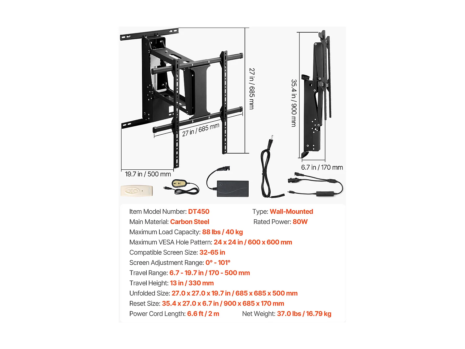 Supporto per TV a Parete SucceBuy Motorizzato Elettrico per TV da 813 a 1651 mm, Staffa a Discesa Regolabile Elettricamente con VESA 60 x 60 cm