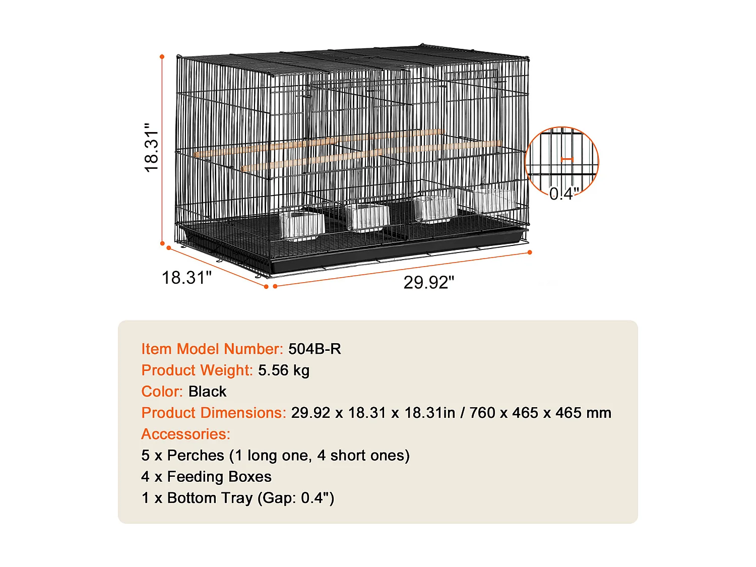 Cage à Oiseaux, SucceBuy Cage de Vol 46.5 cm - Avec Séparateur, Noire pour Perruches, Compacte