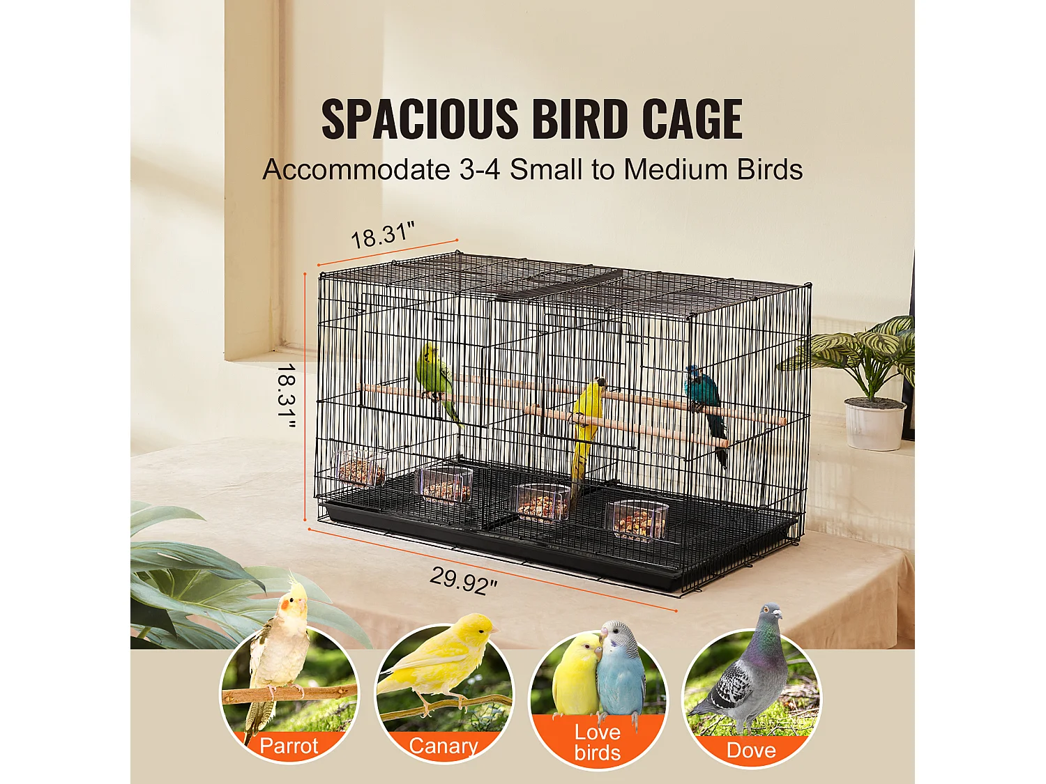 Cage à Oiseaux, SucceBuy Cage de Vol 46.5 cm - Avec Séparateur, Noire pour Perruches, Compacte