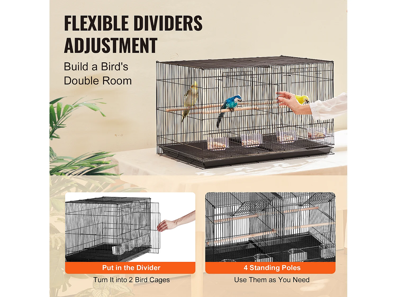Cage à Oiseaux, SucceBuy Cage de Vol 46.5 cm - Avec Séparateur, Noire pour Perruches, Compacte