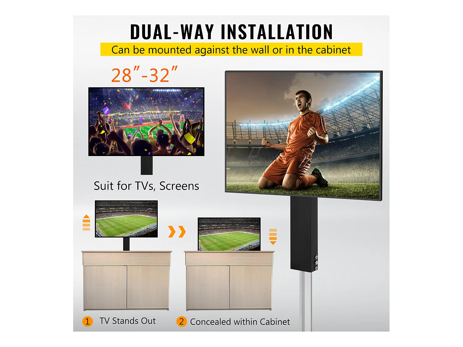 Support TV Murale SucceBuy Support de Levage Automatique pour Téléviseur 220 V, 71 cm, Télécommande, Usage Domestique, Noir