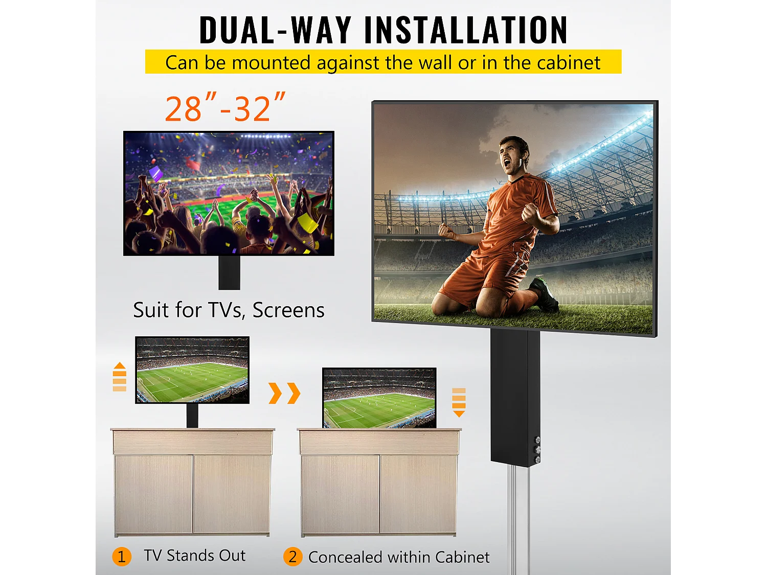 Soporte de Pared para TV SucceBuy Soporte Elevador Automático para TV de 220 V y 71 cm con Control Remoto para Uso Doméstico, Negro