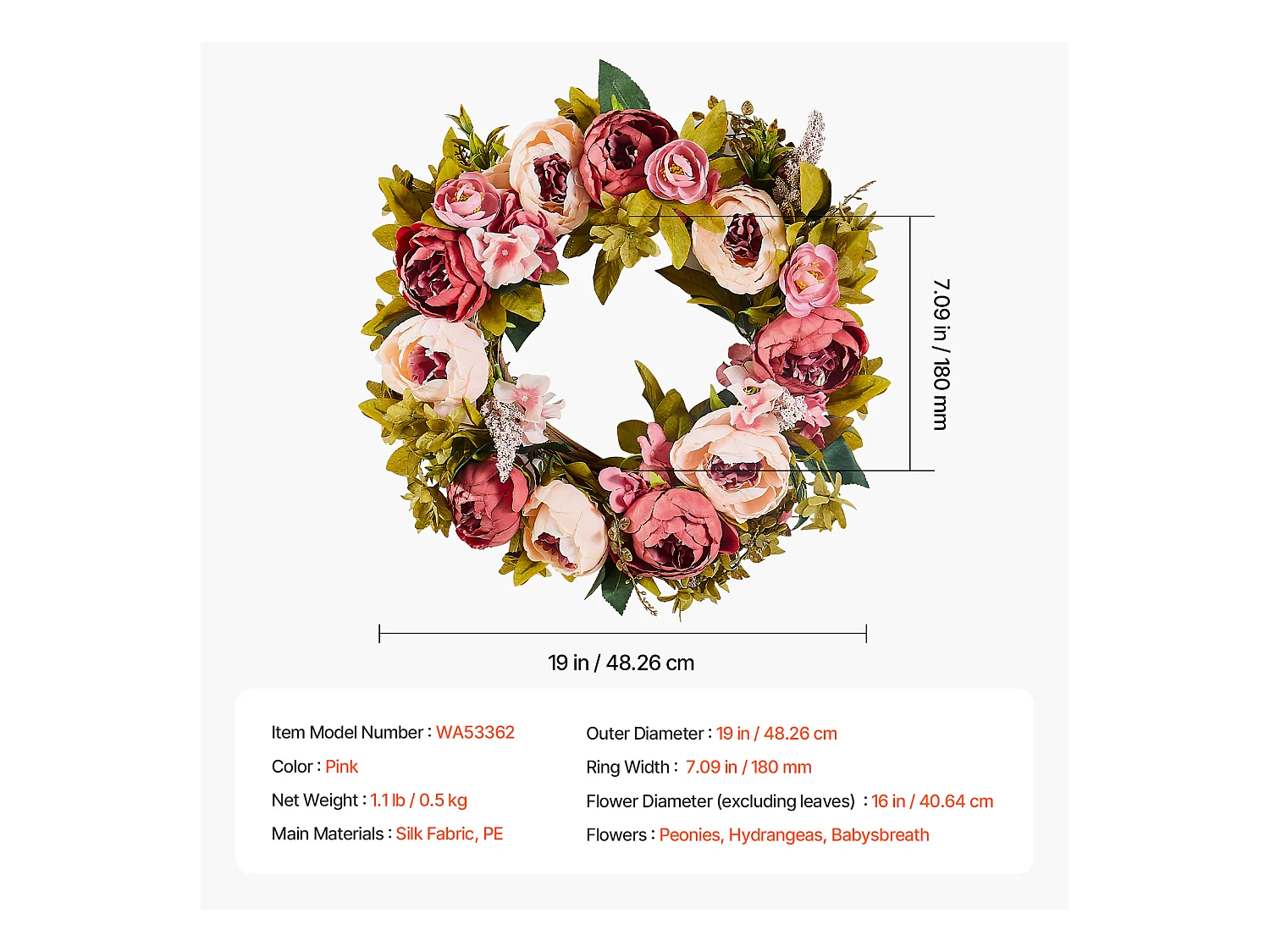 Plante Artificielle, SucceBuy Couronne Artificielle de 48,26 cm, Pivoines et Hortensias Roses, toute l'Année