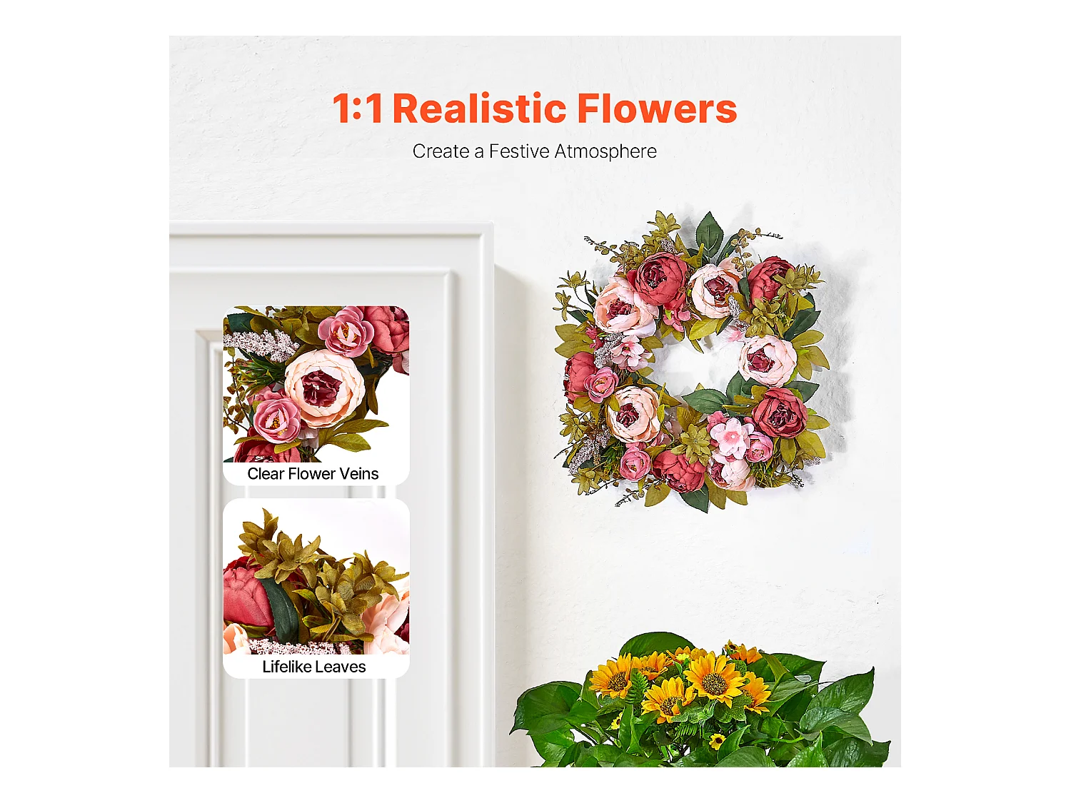 Plante Artificielle, SucceBuy Couronne Artificielle de 48,26 cm, Pivoines et Hortensias Roses, toute l'Année