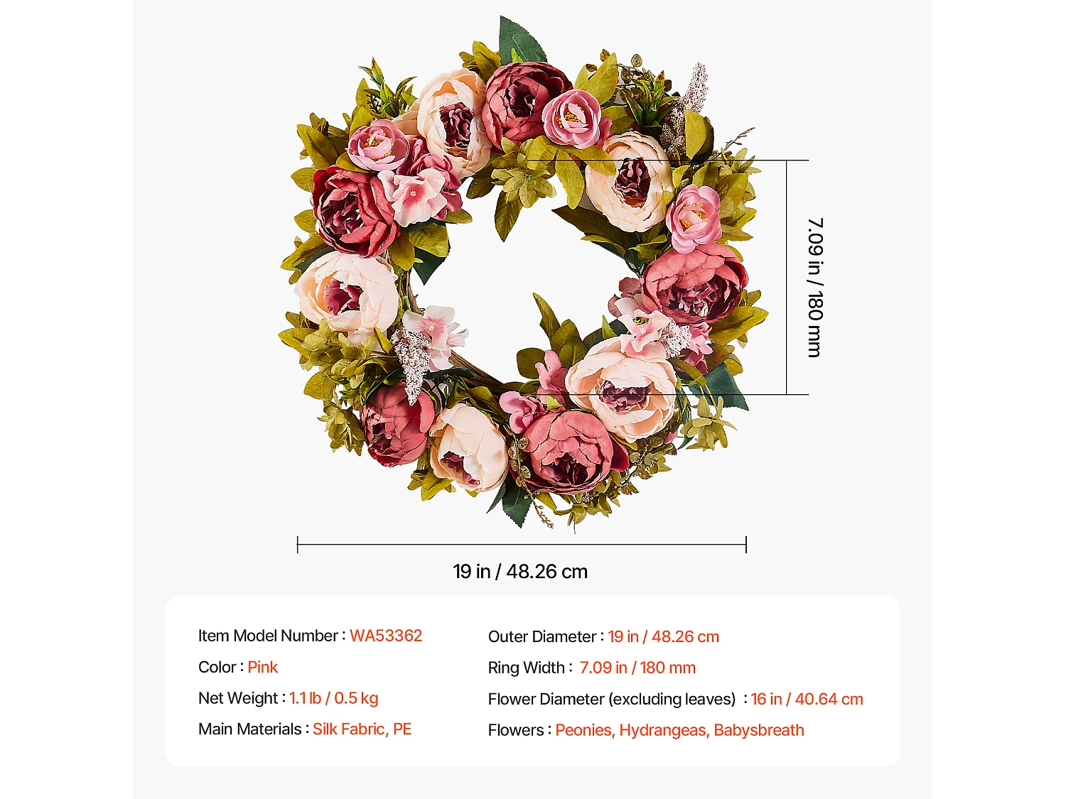 Plante Artificielle, SucceBuy Couronne Artificielle de 48,26 cm, Pivoines et Hortensias Roses, toute l'Année