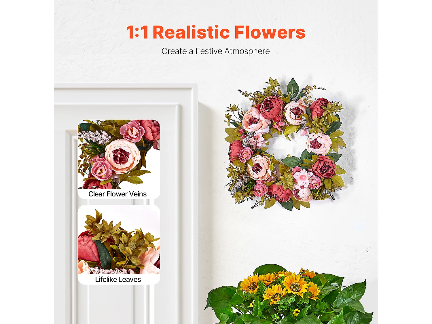 Plante Artificielle, SucceBuy Couronne Artificielle de 48,26 cm, Pivoines et Hortensias Roses, toute l'Année