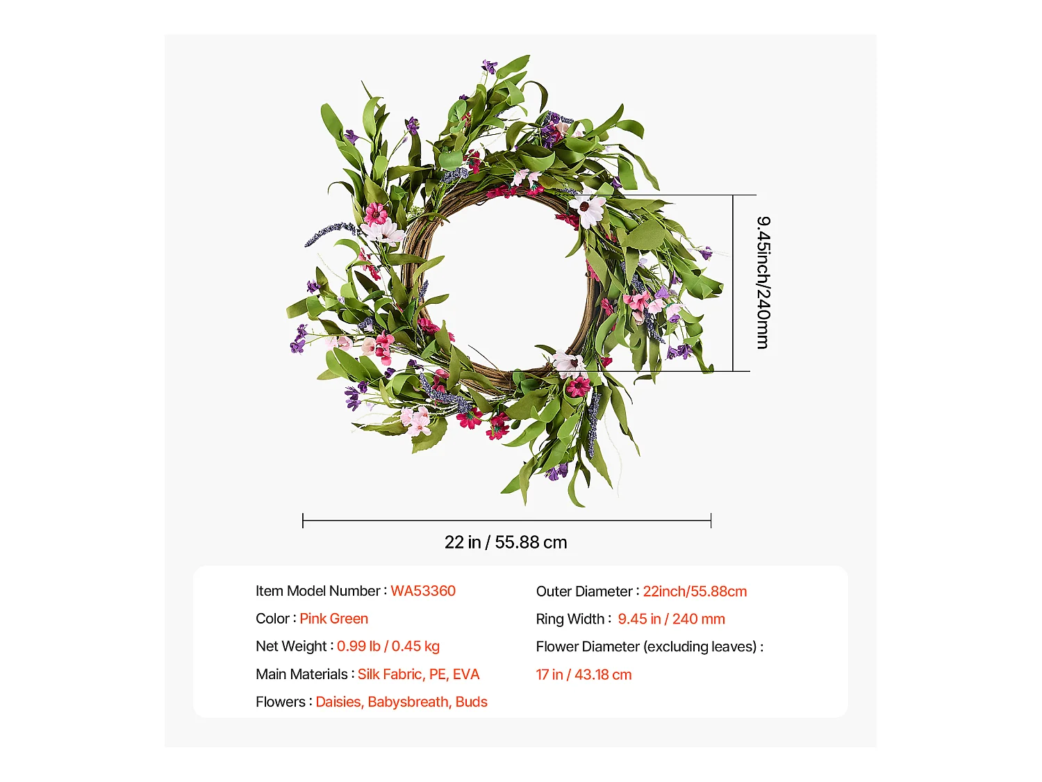 Plante Artificielle, SucceBuy Couronne Artificielle de 55,88 cm, Décorations Roses et Vertes pour toutes les Saisons