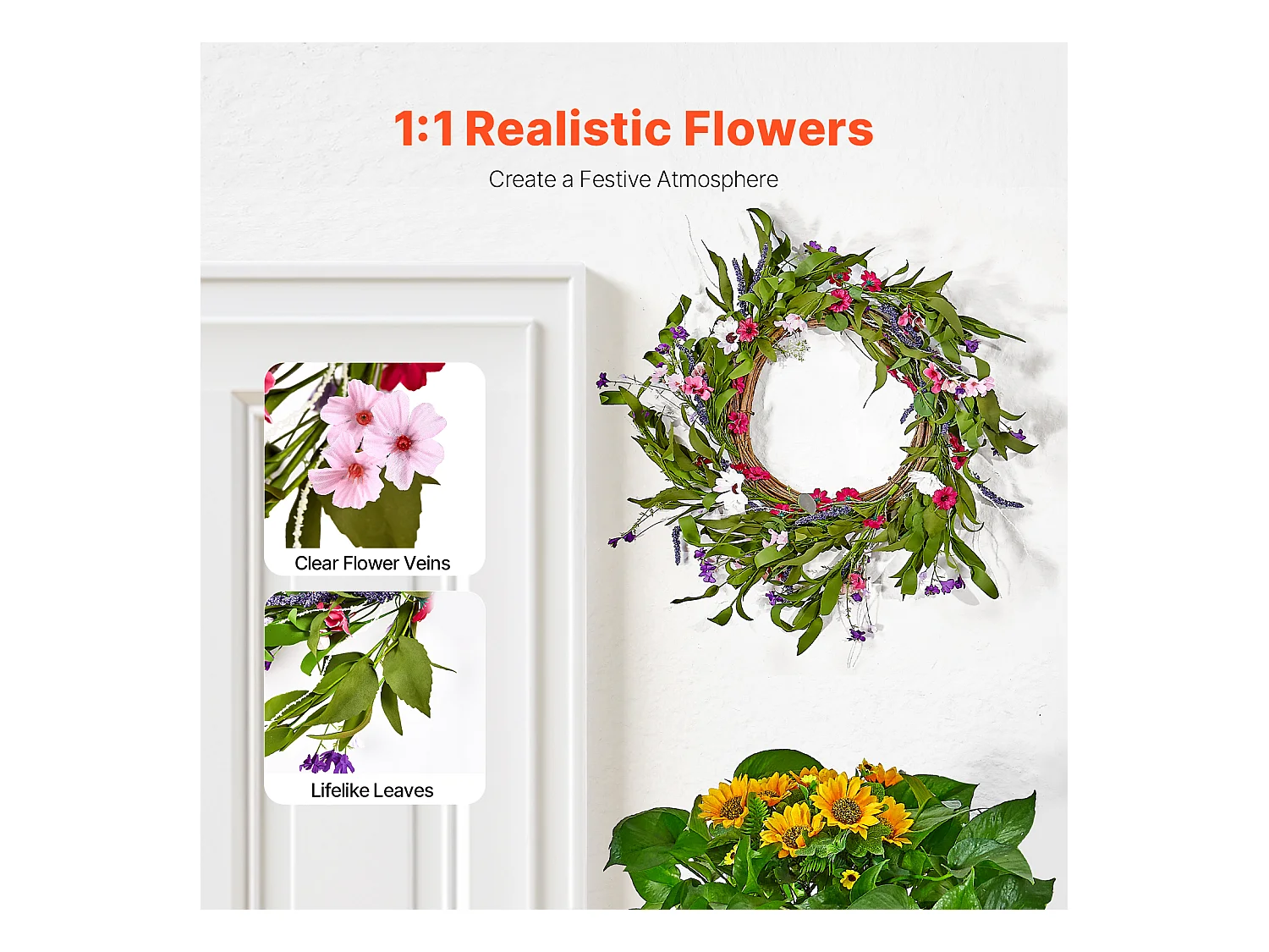 Plante Artificielle, SucceBuy Couronne Artificielle de 55,88 cm, Décorations Roses et Vertes pour toutes les Saisons