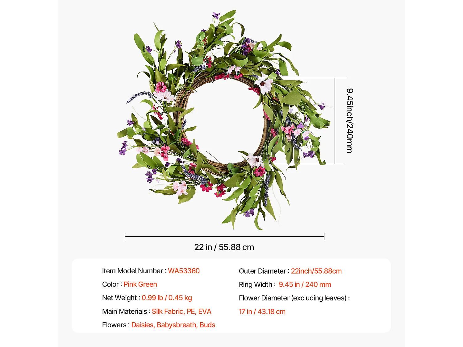 Plante Artificielle, SucceBuy Couronne Artificielle de 55,88 cm, Décorations Roses et Vertes pour toutes les Saisons