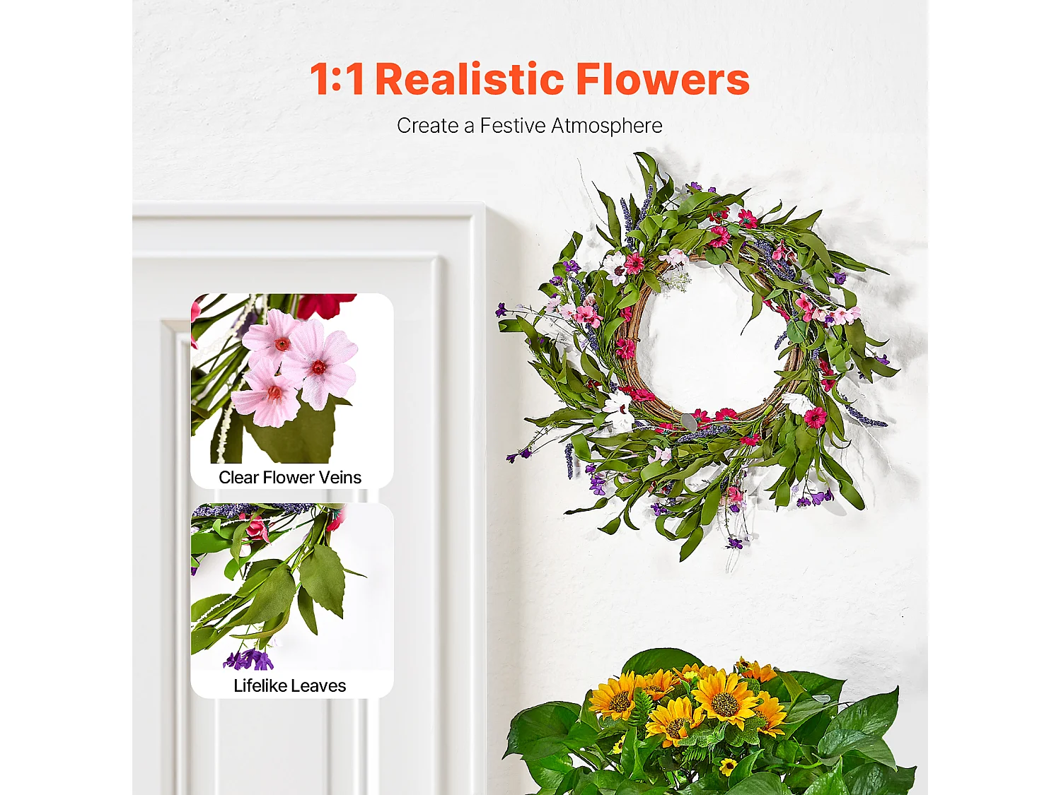 Plante Artificielle, SucceBuy Couronne Artificielle de 55,88 cm, Décorations Roses et Vertes pour toutes les Saisons