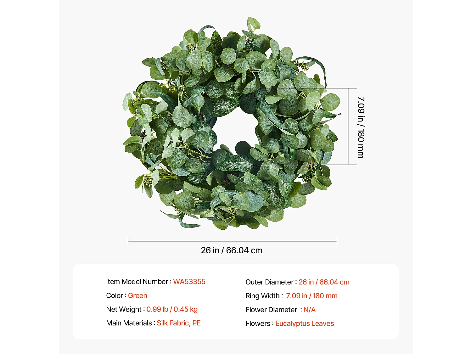 Plante Artificielle, SucceBuy Couronne Artificielle de 66,04 cm, Feuilles d'Eucalyptus Vertes, toute l'Année