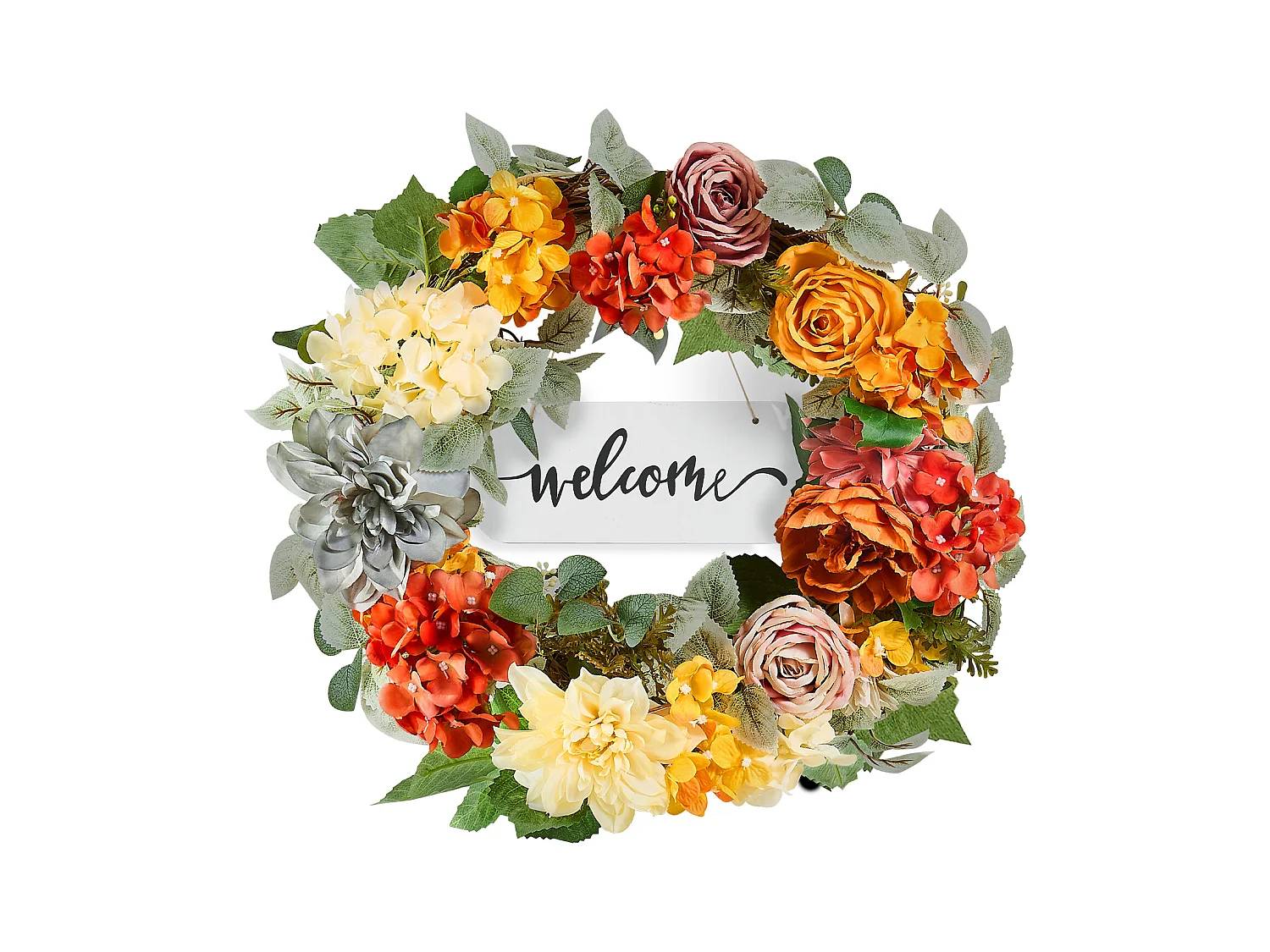 Plante Artificielle, SucceBuy Couronne Artificielle 60,96 cm Hortensias Roses Rouges Orange Jaunes