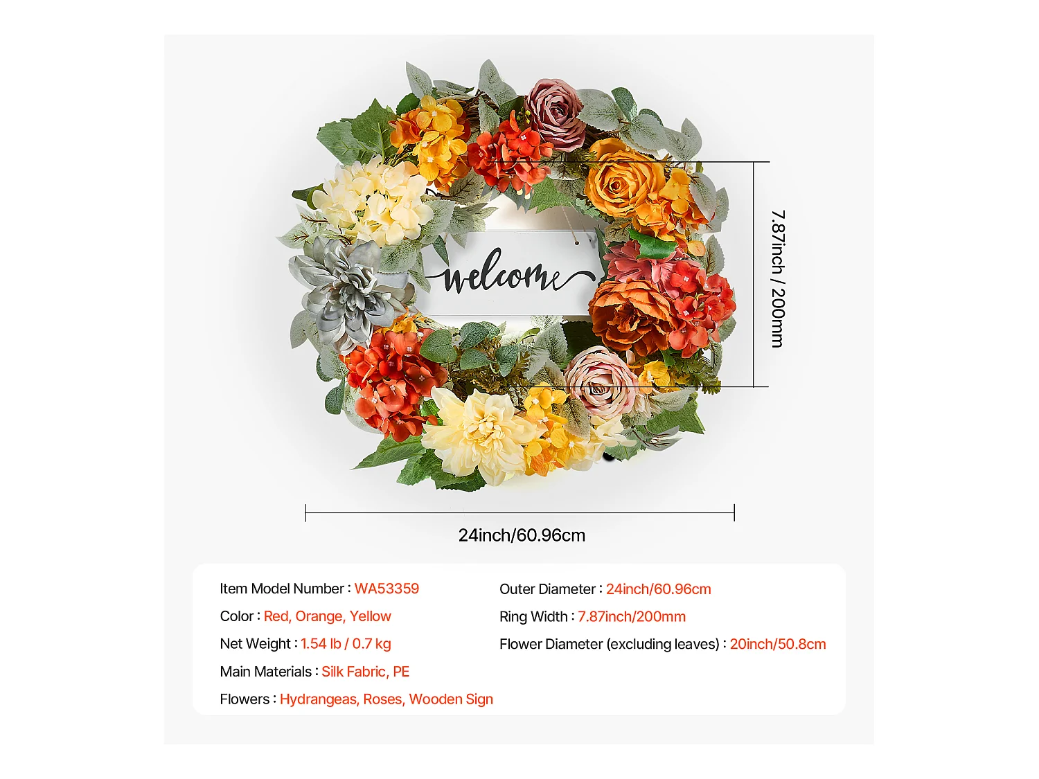 Plante Artificielle, SucceBuy Couronne Artificielle 60,96 cm Hortensias Roses Rouges Orange Jaunes