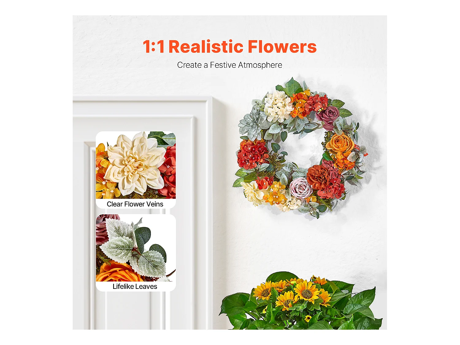 Plante Artificielle, SucceBuy Couronne Artificielle 60,96 cm Hortensias Roses Rouges Orange Jaunes