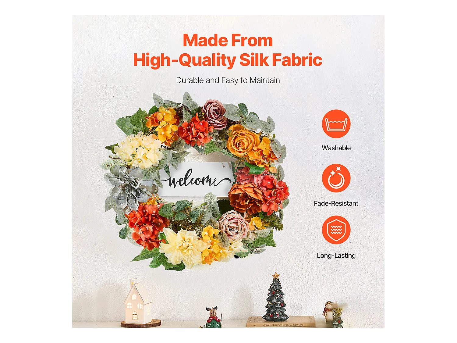 Plante Artificielle, SucceBuy Couronne Artificielle 60,96 cm Hortensias Roses Rouges Orange Jaunes