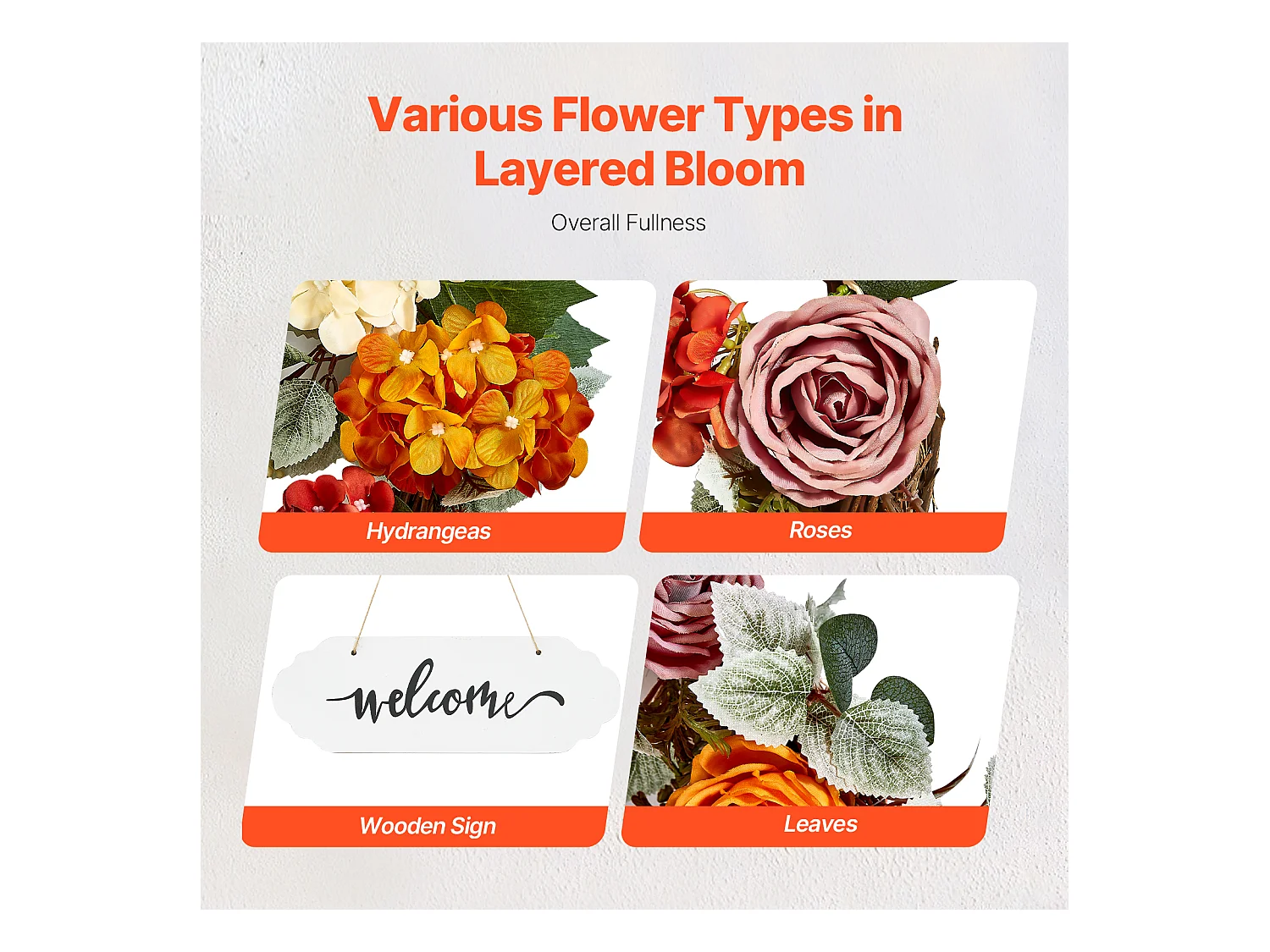 Plante Artificielle, SucceBuy Couronne Artificielle 60,96 cm Hortensias Roses Rouges Orange Jaunes