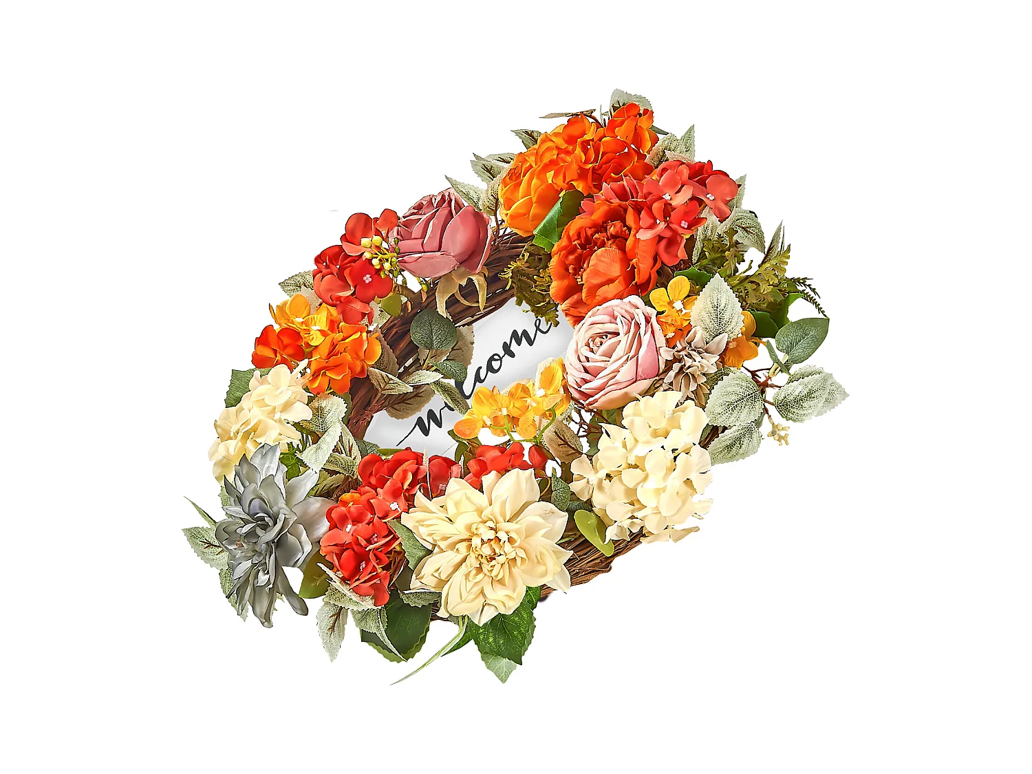 Plante Artificielle, SucceBuy Couronne Artificielle 60,96 cm Hortensias Roses Rouges Orange Jaunes