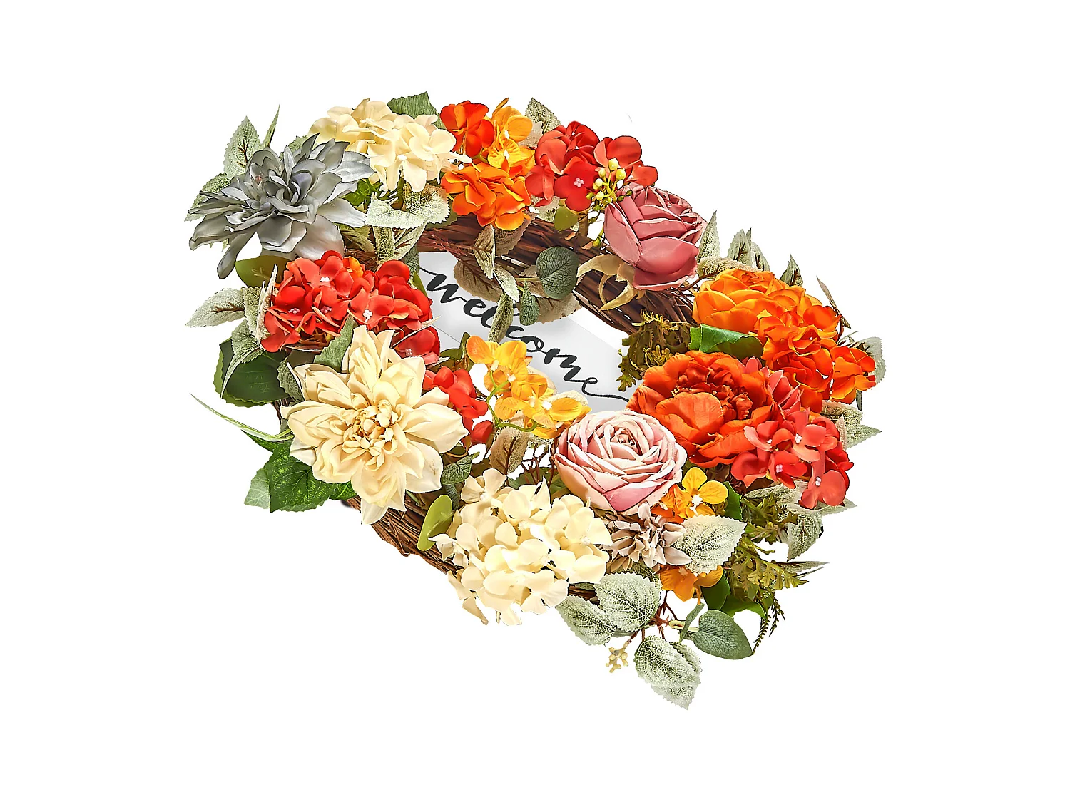 Plante Artificielle, SucceBuy Couronne Artificielle 60,96 cm Hortensias Roses Rouges Orange Jaunes