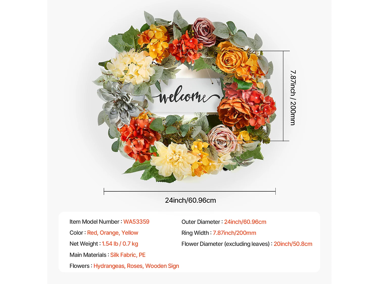 Plante Artificielle, SucceBuy Couronne Artificielle 60,96 cm Hortensias Roses Rouges Orange Jaunes