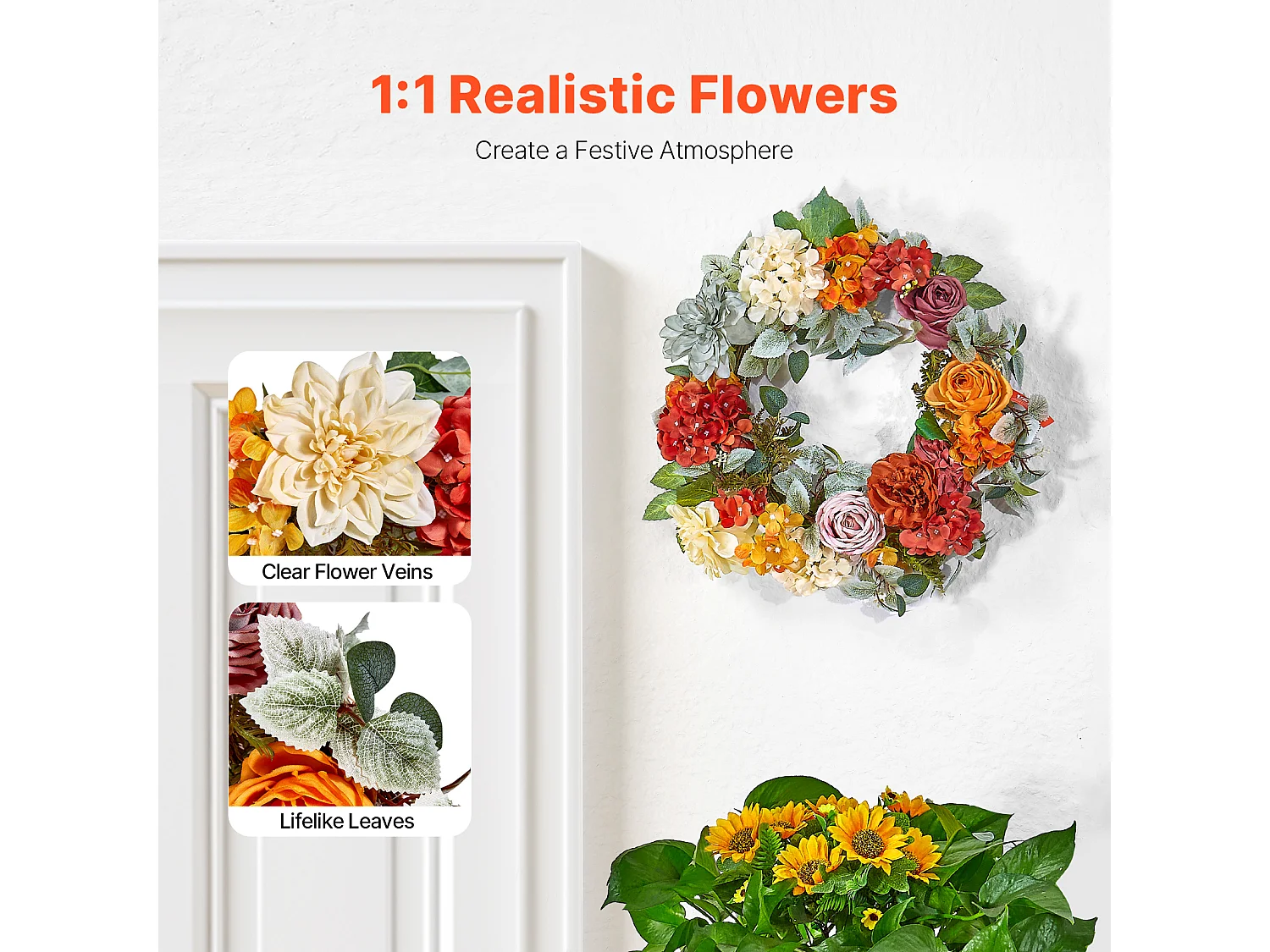 Plante Artificielle, SucceBuy Couronne Artificielle 60,96 cm Hortensias Roses Rouges Orange Jaunes