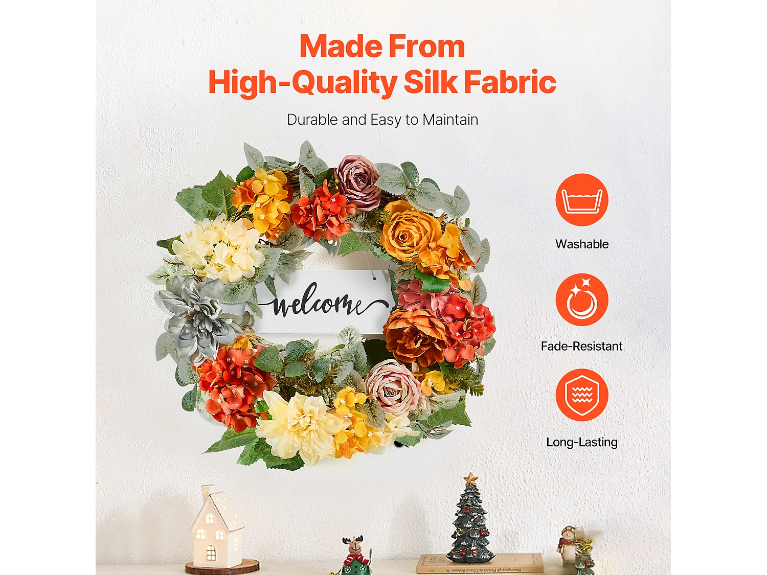 Plante Artificielle, SucceBuy Couronne Artificielle 60,96 cm Hortensias Roses Rouges Orange Jaunes