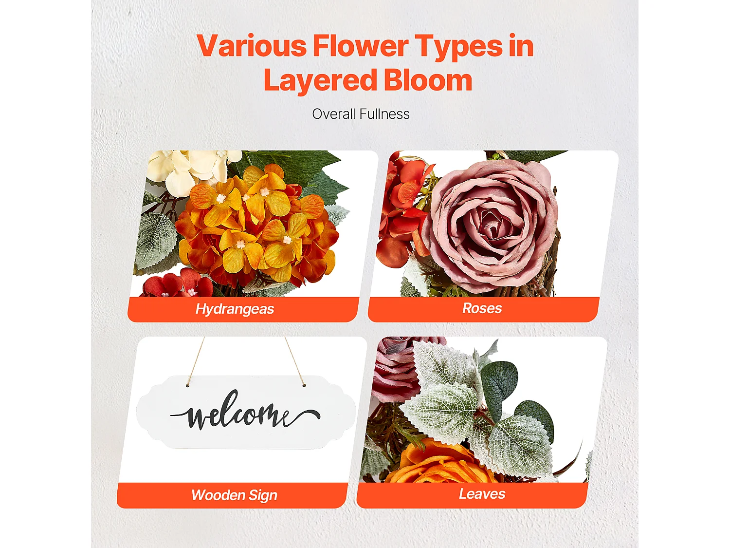 Plante Artificielle, SucceBuy Couronne Artificielle 60,96 cm Hortensias Roses Rouges Orange Jaunes