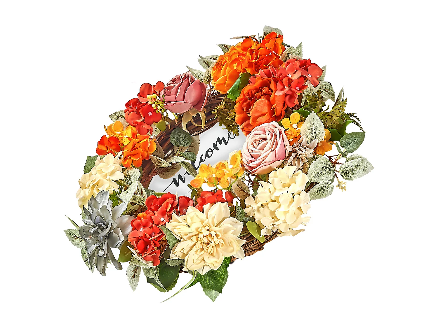 Plante Artificielle, SucceBuy Couronne Artificielle 60,96 cm Hortensias Roses Rouges Orange Jaunes