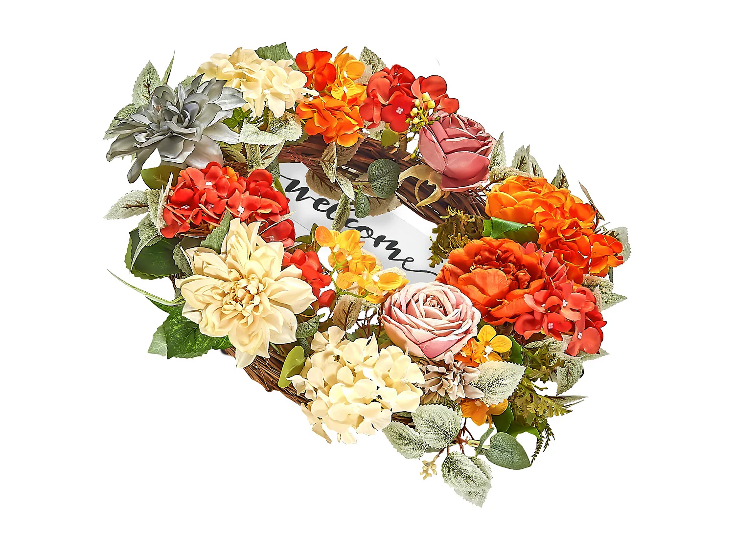 Plante Artificielle, SucceBuy Couronne Artificielle 60,96 cm Hortensias Roses Rouges Orange Jaunes