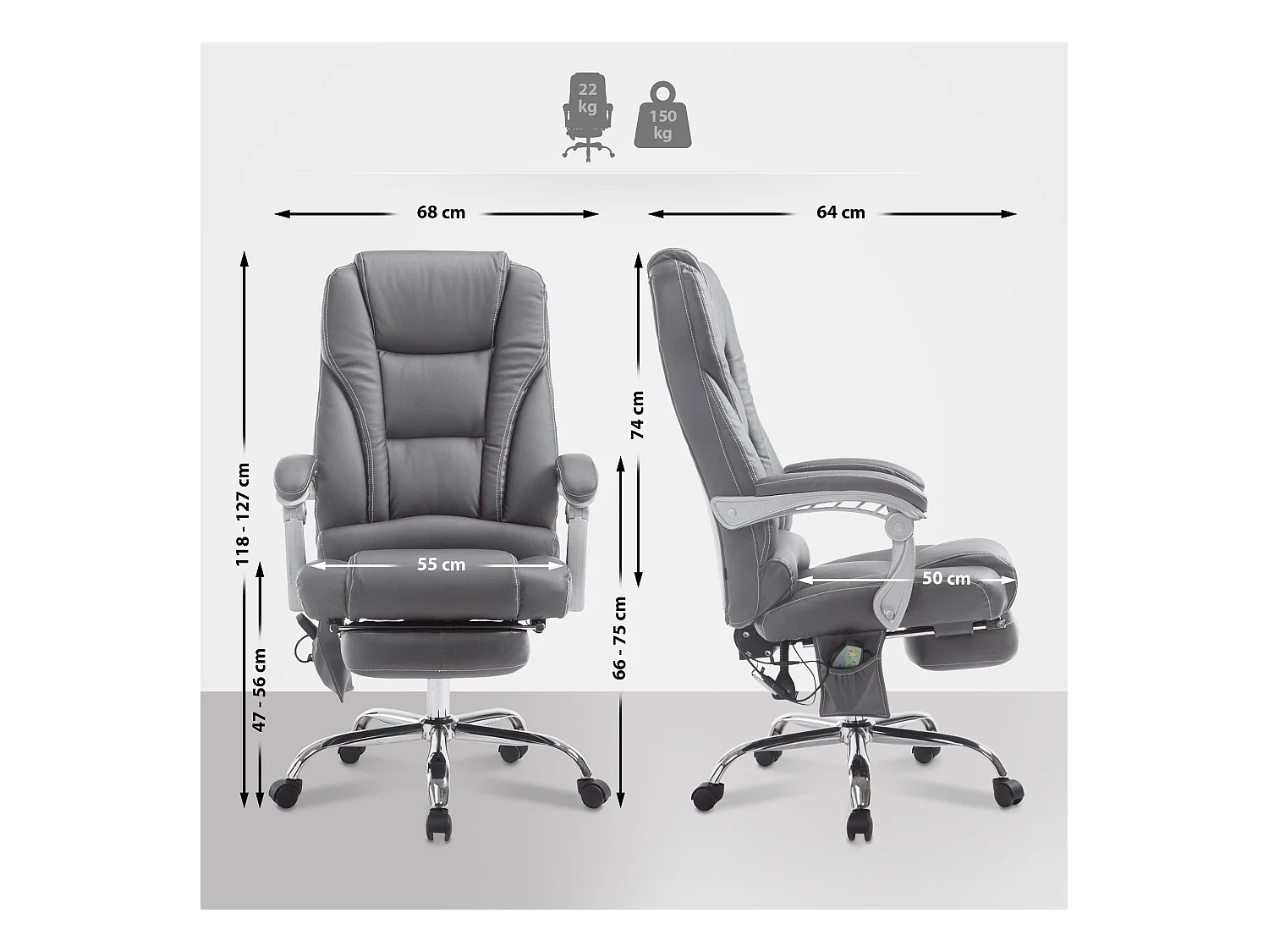 Fauteuil de bureau avec PVC grise 68 x 64 x 118 cm 10_0002584