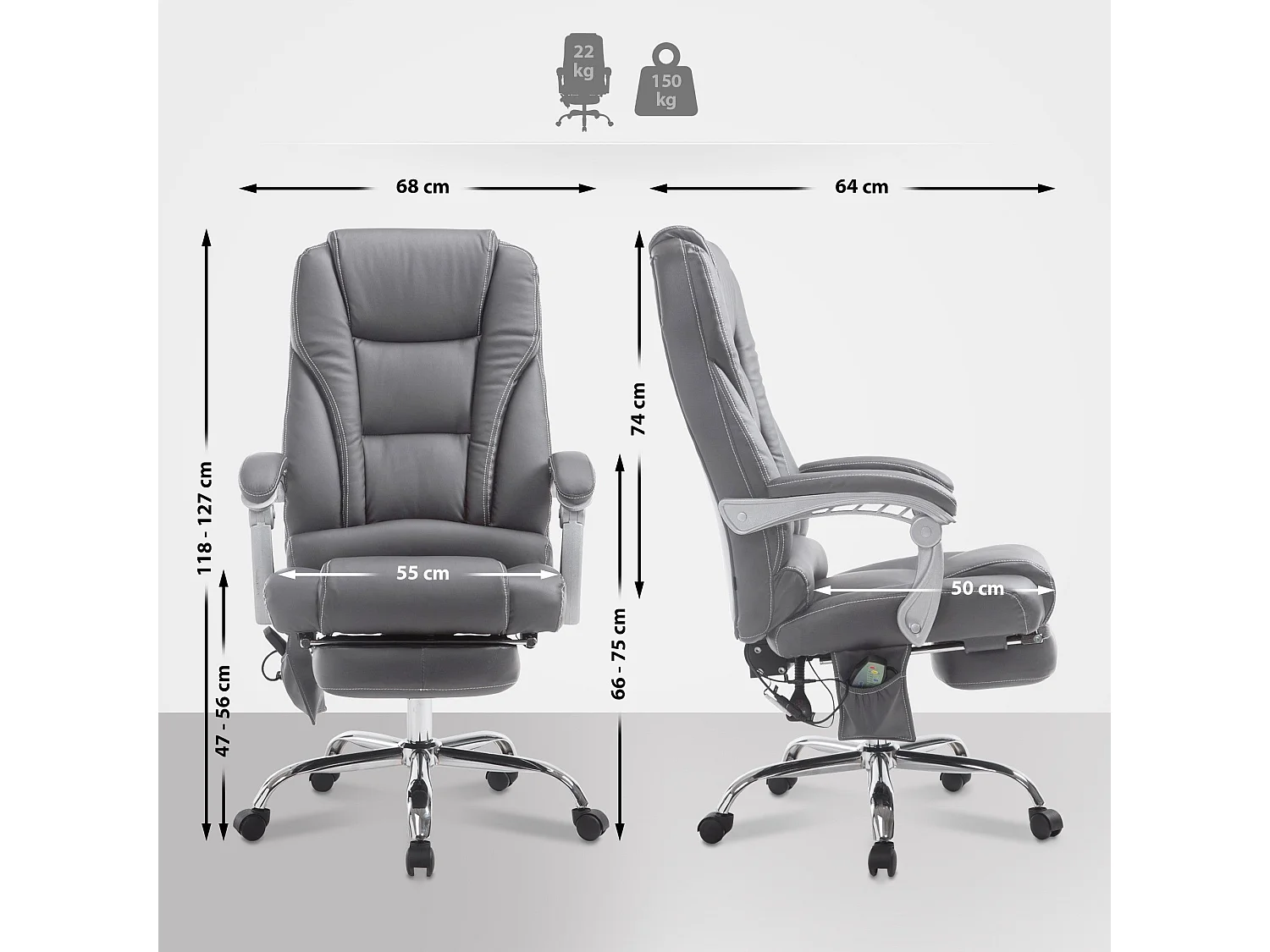 Fauteuil de bureau avec PVC grise 68 x 64 x 118 cm 10_0002584