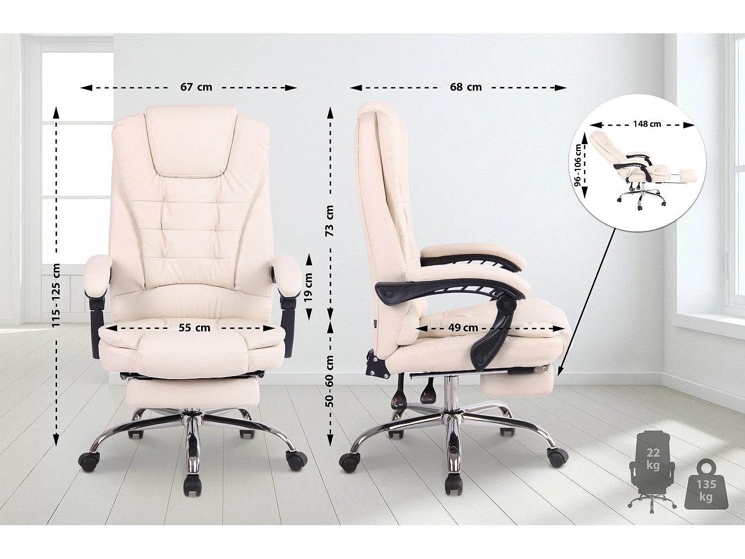 Fauteuil de bureau ergonomique métal crème 67 x 68 x 115 cm 10_0002566