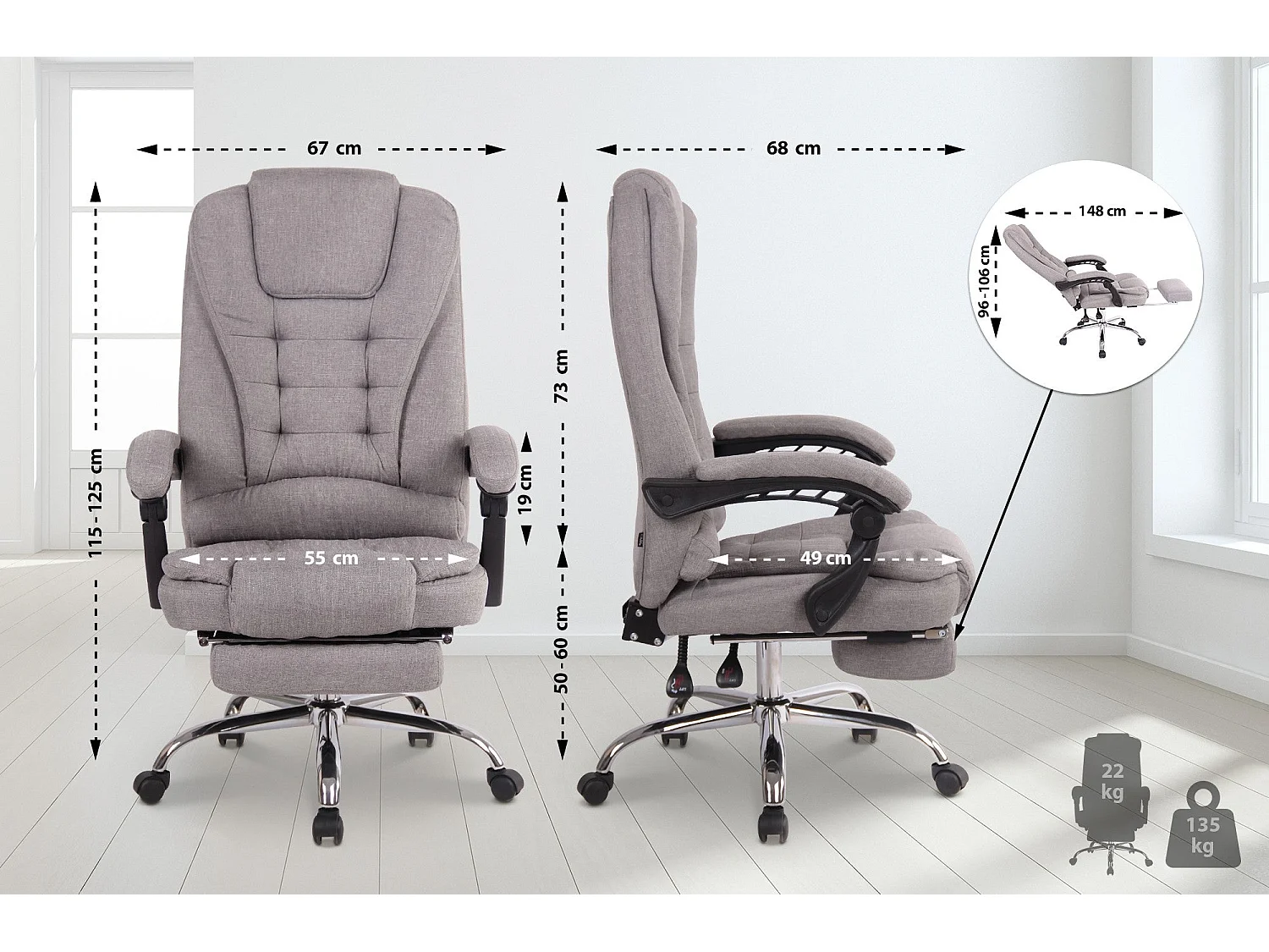 Fauteuil de bureau ergonomique métal grise 67 x 68 x 115 cm 10_0002571