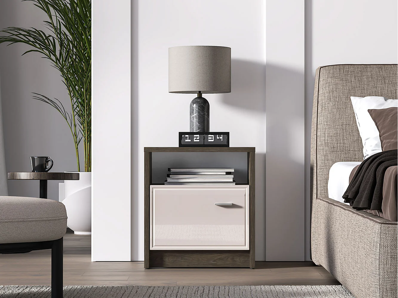 NACHTKONSOLE Avante Windmill Eiche dunkel / Cashmere Hochglanz 50 / 35 / 55cm (2er-Set)