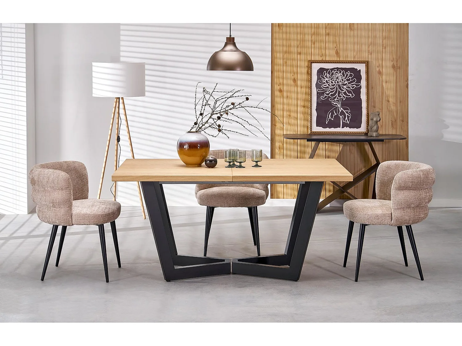 Table à manger en bois massif (90x160-250)/plateau de meuble et bois massif/marron et noir