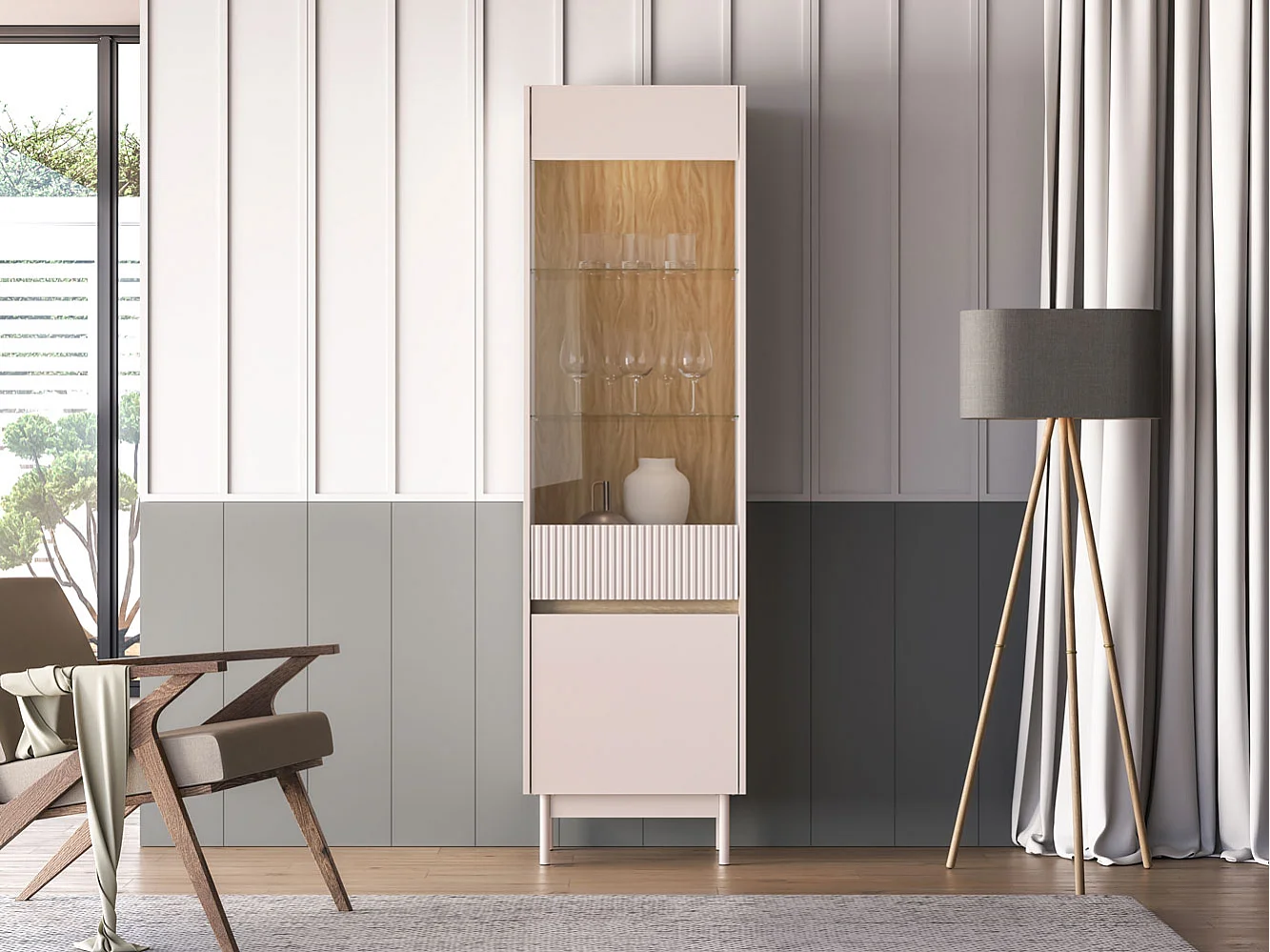 VITRINE Dunea 55 / 40 / 193cm Cashmere / Eiche Cremona Torro mit Beleuchtung