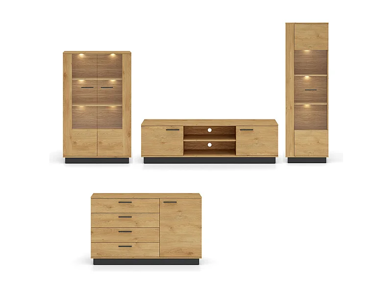 WOHNZIMMER-SET Modesto Eiche Style hell / schwarz 4-teilig