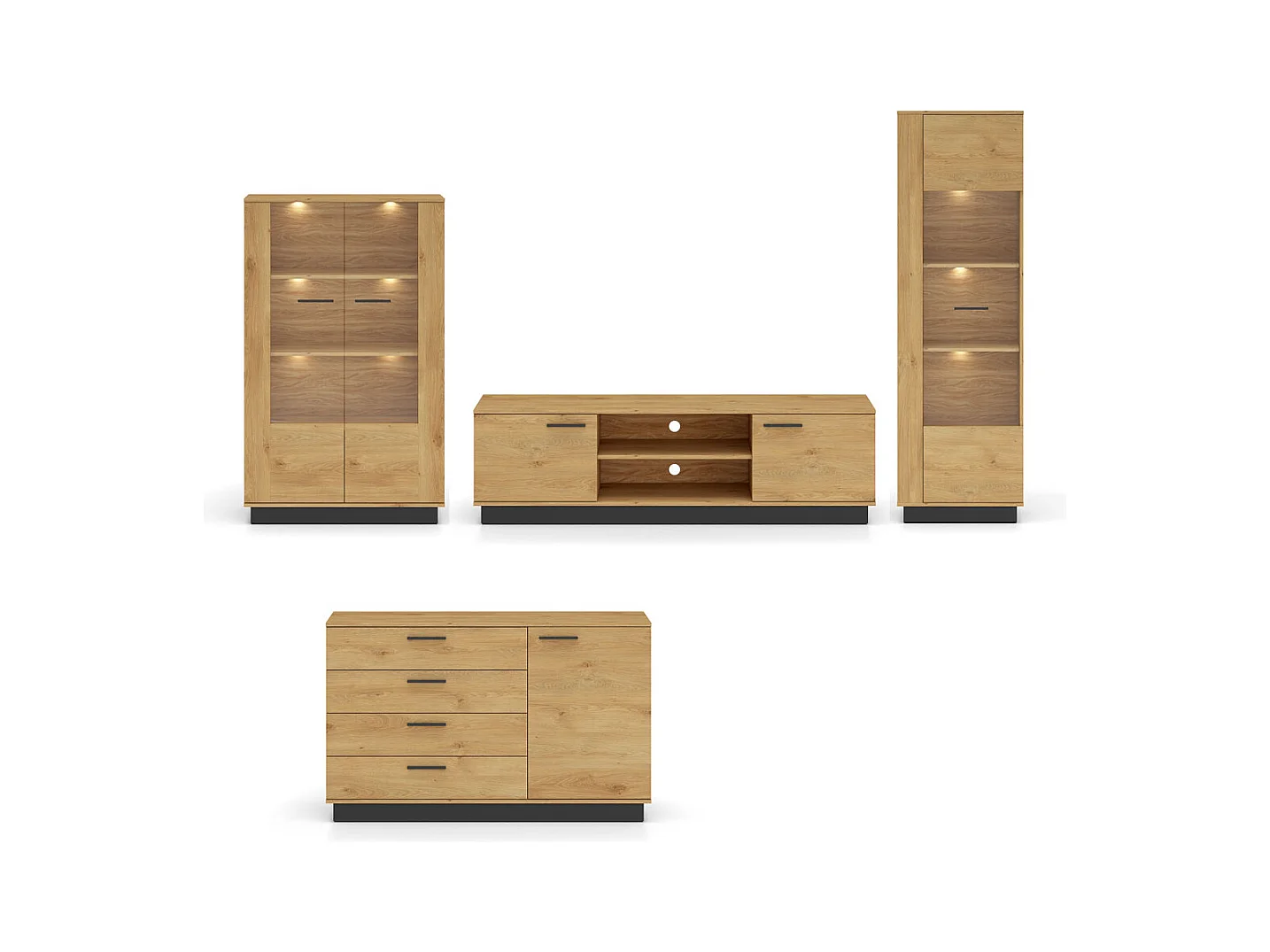 WOHNZIMMER-SET Modesto Eiche Style hell / schwarz 4-teilig