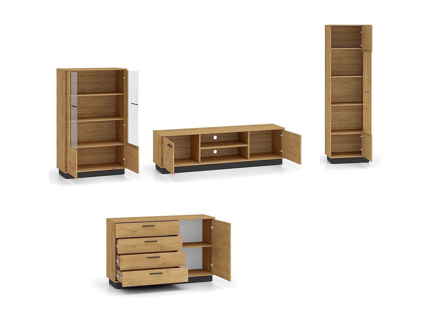 WOHNZIMMER-SET Modesto Eiche Style hell / schwarz 4-teilig