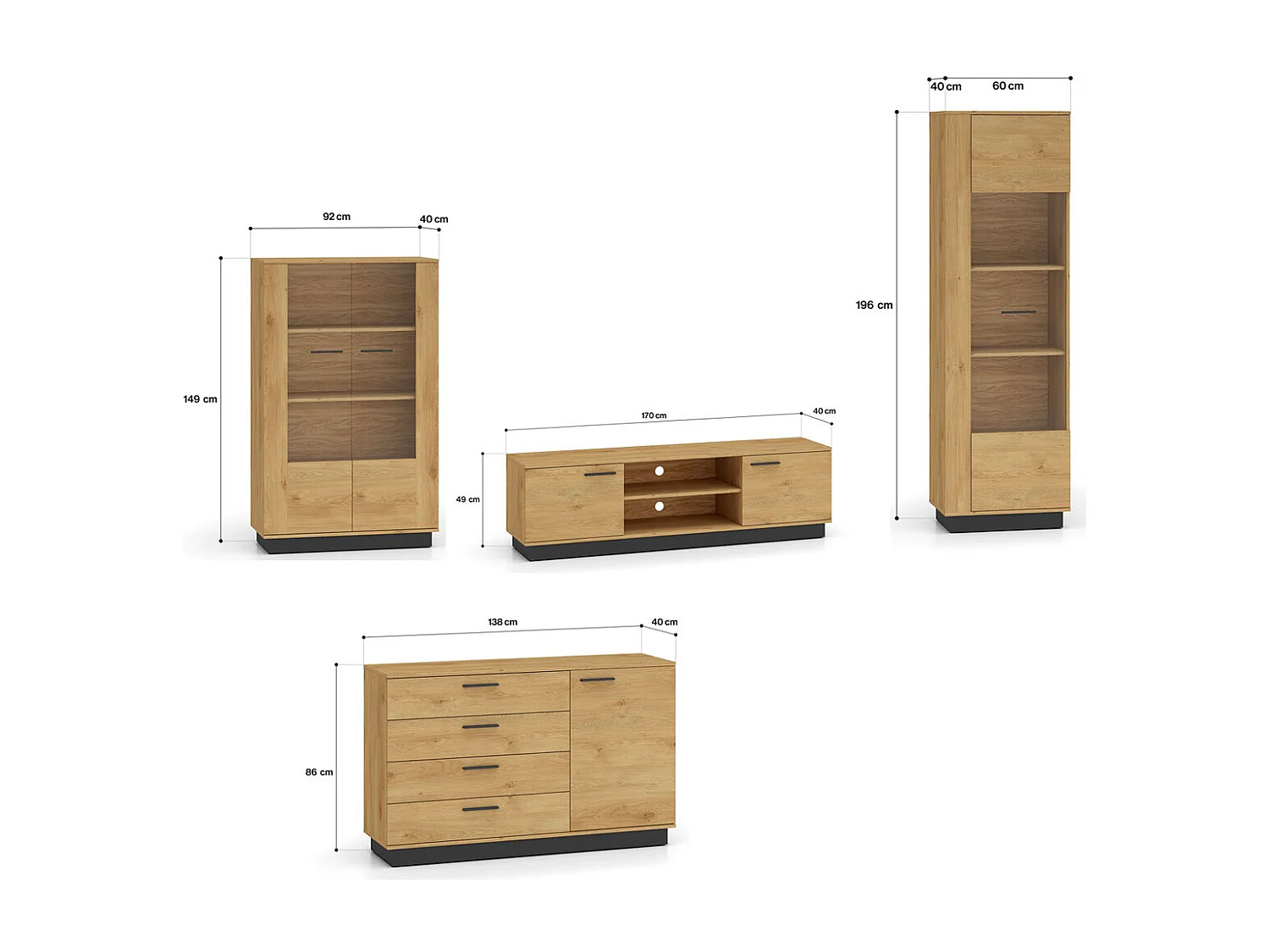 WOHNZIMMER-SET Modesto Eiche Style hell / schwarz 4-teilig