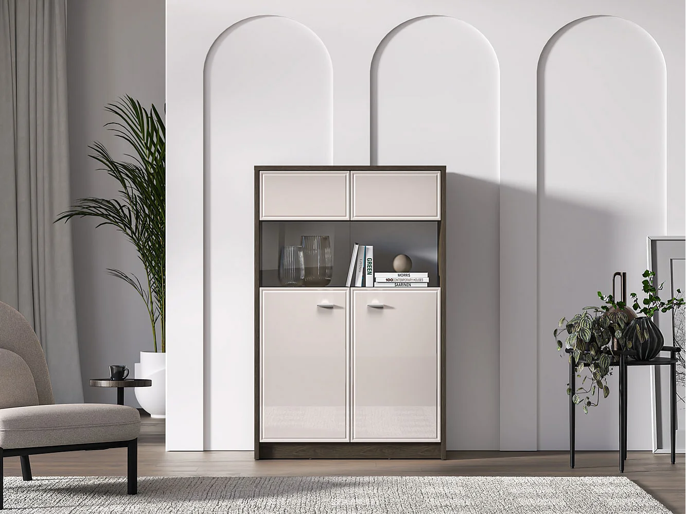 VITRINE Avante Windmill Eiche dunkel / Cashmere Hochglanz 92 / 40 / 141cm ohne Beleuchtung