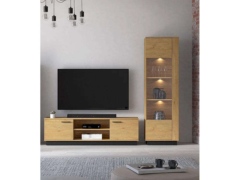 WOHNZIMMER-SET Modesto Eiche Style hell / schwarz 2-teilig